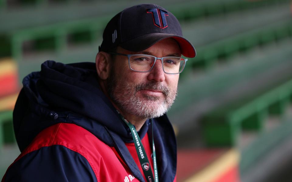 Leicester Tigers head coach Dan McKellar poses during an interview with Charles Richardson at the Mattioli Woods Welford Road Stadium in Leicester