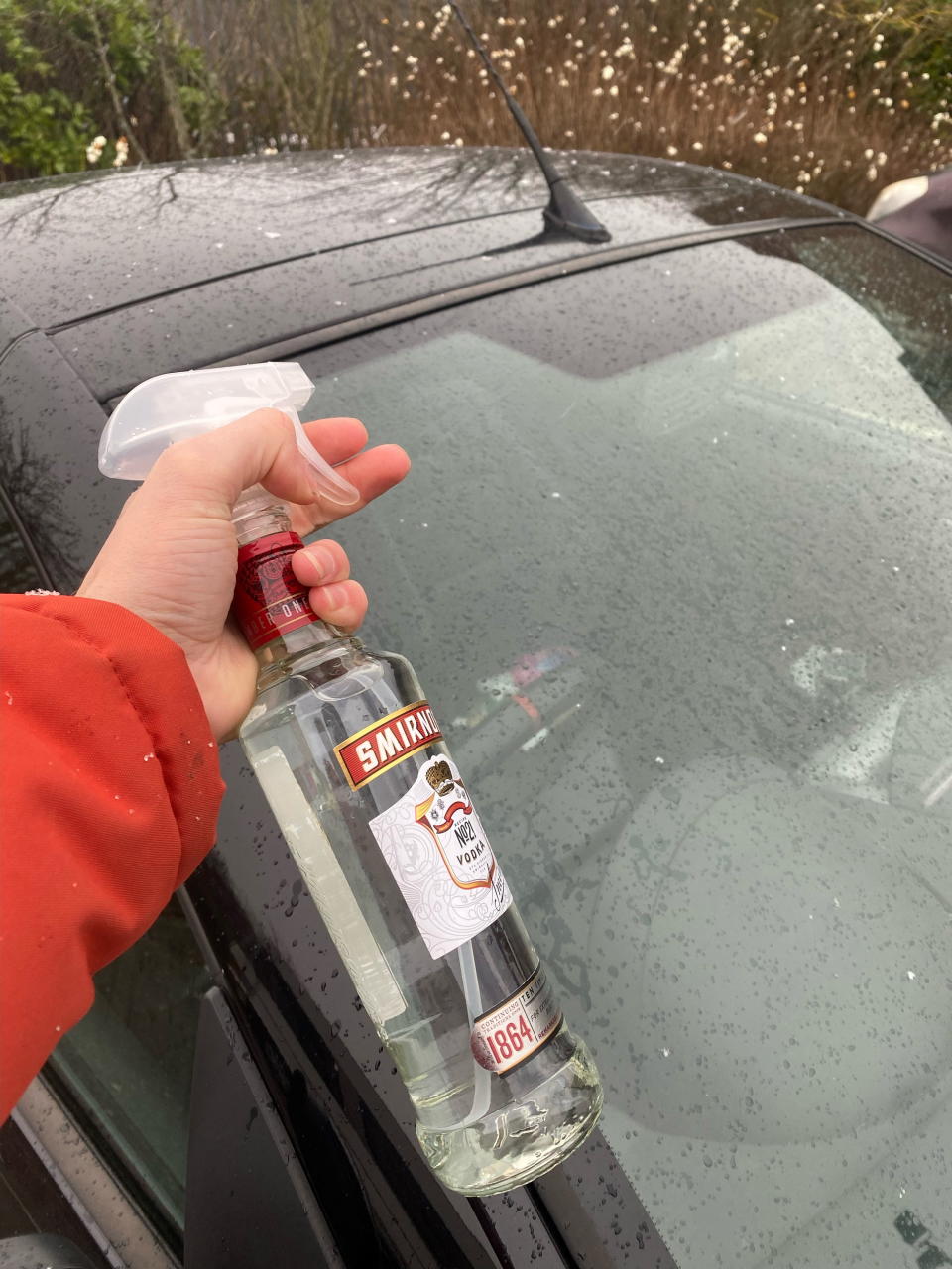 Jack Mentiply pouring vodka on his windscreen, to prevent it from icing up. See SWNS story SWNJhacks. A man has shown a hack how to prevent your car windscreen from icing up - using a bottle of VODKA. Jack Mentiply, reckons he has found the perfect solution to icy car windscreens in the winter months. The delivery driver from Albrough, Scotland, said pouring vodka on your windscreen and in your screen wash refill will do the trick. Jack shared a video demonstrating the simple hack - and claims any 