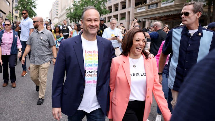 Doug Emhoff with Vice President Kamala Harris at Pride parade