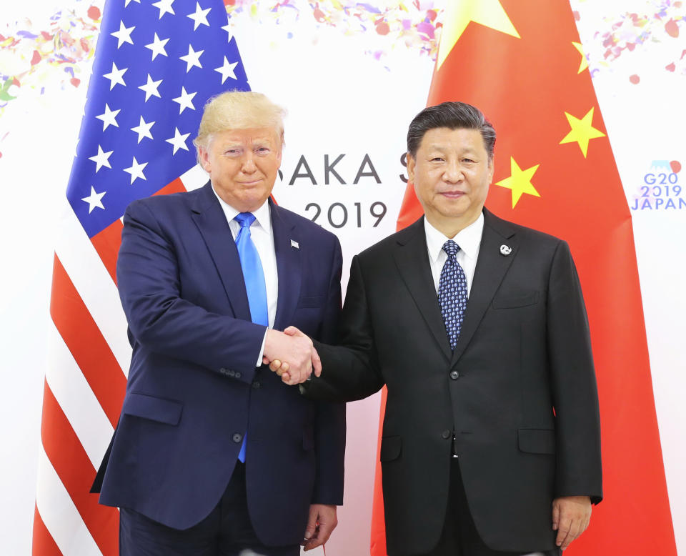 OSAKA, June 29, 2019 -- Chinese President Xi Jinping meets with U.S. President Donald Trump in Osaka, Japan, June 29, 2019. (Photo by Ju Peng/Xinhua via Getty) (Xinhua/Ju Peng via Getty Images)