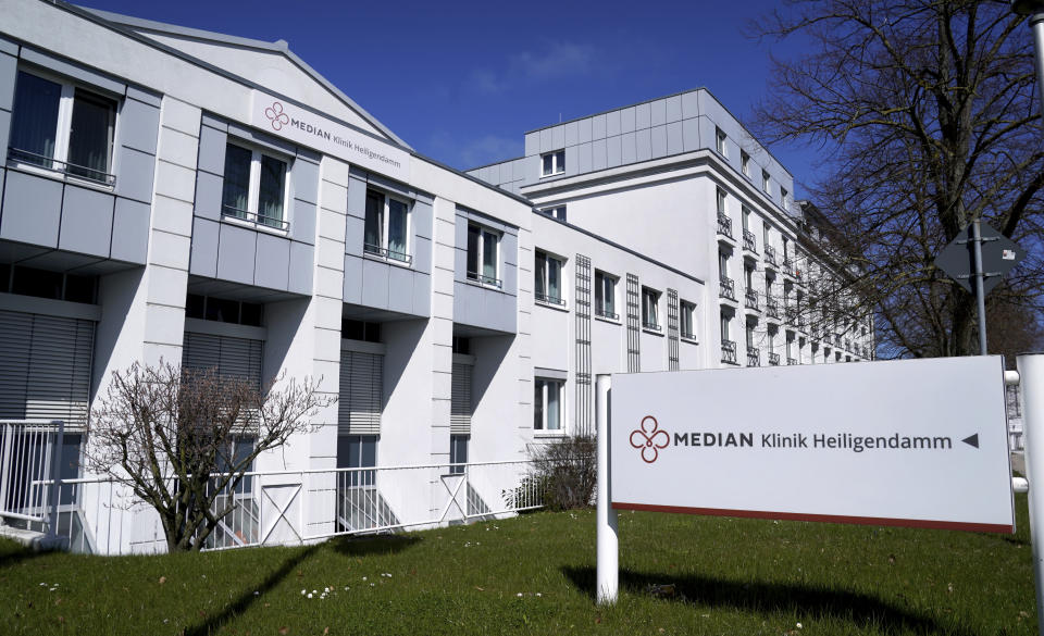 Exterior view of the 'MEDIAN Clinic Heiligendamm' in Heiligendamm, northern Germany, Wednesday, April 14, 2021. The MEDIAN Clinic, specialized on lung diseases, treats COVID-19 long time patients from all over Germany. (AP Photo/Michael Sohn)
