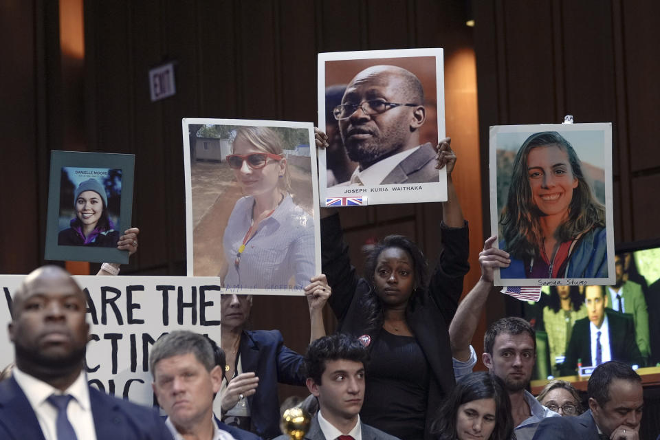 Family members of victims of Boeing plane crashes become emotional during a Senate Homeland Security Subcommittee on Investigations hearing on Capitol Hill Tuesday, June 18, 2024, in Washington. (AP Photo/Mariam Zuhaib)