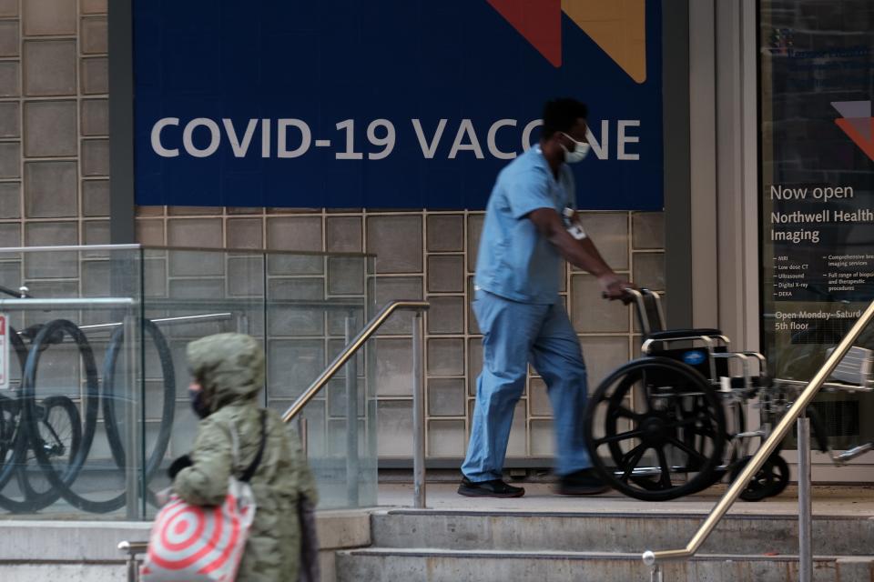 A sign outside a hospital advertises the COVID-19 vaccine Nov. 19, 2021, in New York City.