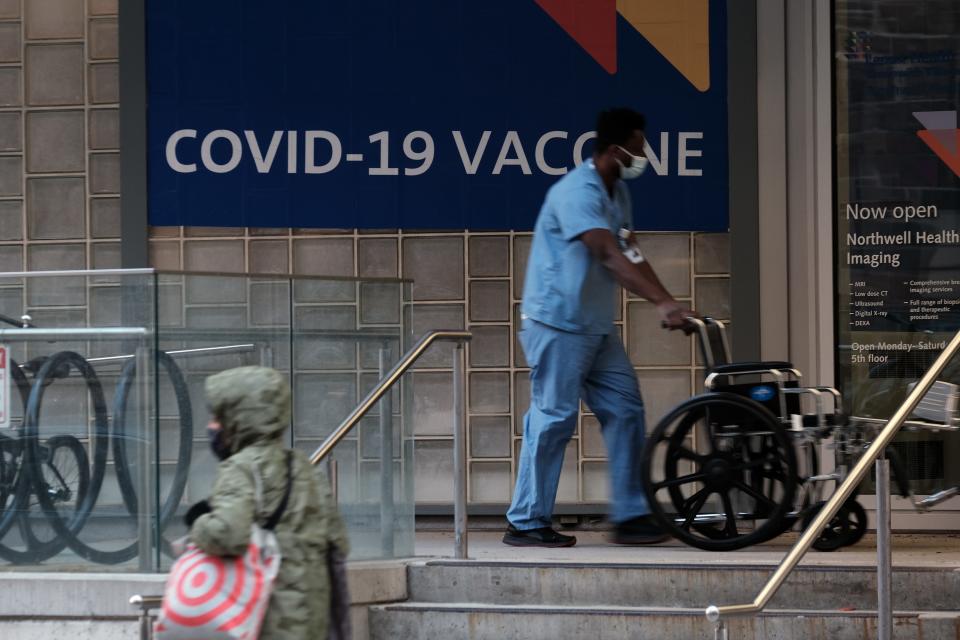 A sign outside of a hospital advertises the COVID-19 vaccine on November 19, 2021 in New York City.