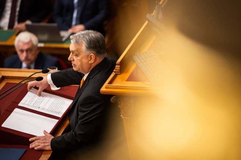 Hungarian Prime Minister Viktor Orban speaks at the parliamentary session prior to the vote on the ratification of Sweden's NATO membership. Marton Monus/dpa