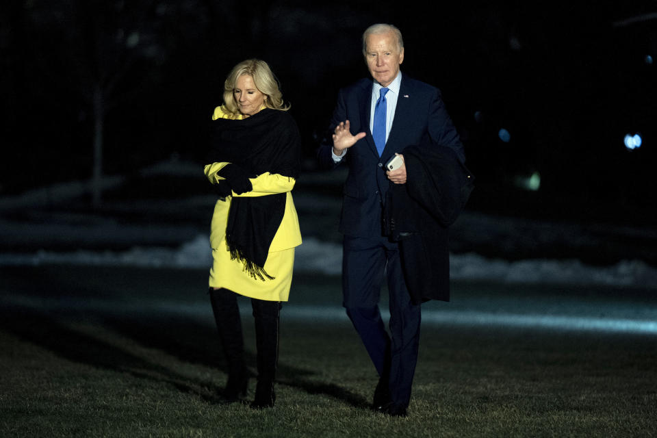 President Joe Biden and first lady Jill Biden arrive at the White House in Washington, Tuesday, Jan. 23, 2024, after traveling to Manassas, Va., for a campaign event. (AP Photo/Andrew Harnik)