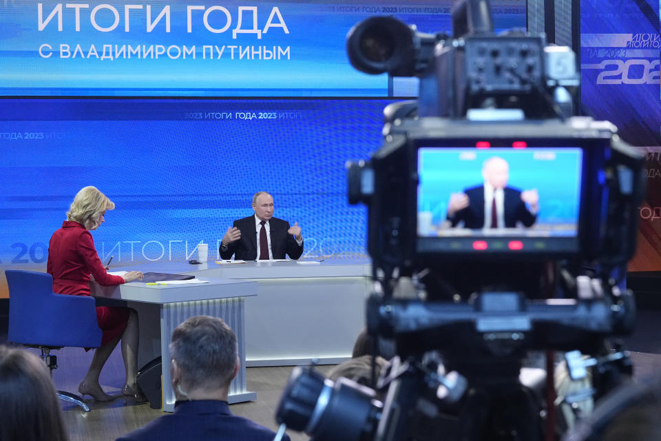 Russian President Vladimir Putin speaks during his annual news conference in Moscow, Russia, Thursday, Dec. 14, 2023. (AP Photo/Alexander Zemlianichenko, Pool)