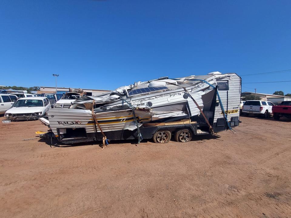 Picture of the crushed caravan in WA bought for $800.