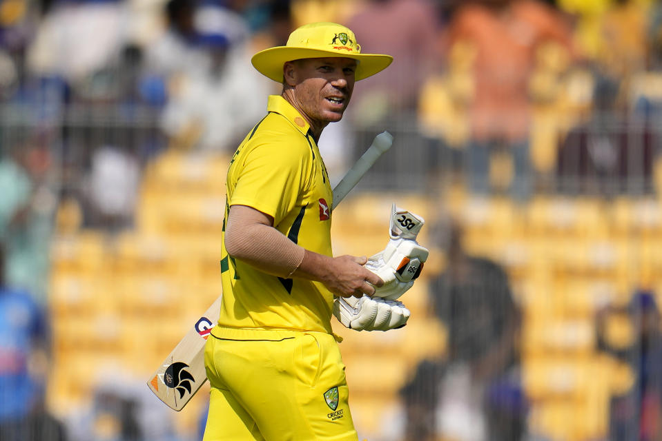 Australia's David Warner reacts as he walks off the field after losing his wicket during the third and last one day international cricket match between India and Australia in Chennai, India, Wednesday, March 22, 2023. (AP Photo/Aijaz Rahi)