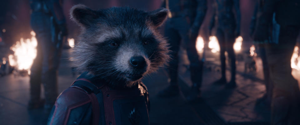 Rocket (voiced by Bradley Cooper) in Marvel Studios' Guardians of the Galaxy Vol. 3. Photo courtesy of Marvel Studios. Â© 2023 MARVEL.