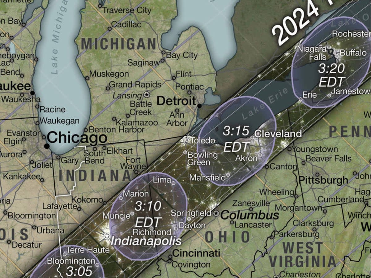 On track? Part of the path of the 8 April 2024 total solar eclipse in the US (NASA/Scientific Visualization Studio/Michala Garrison)