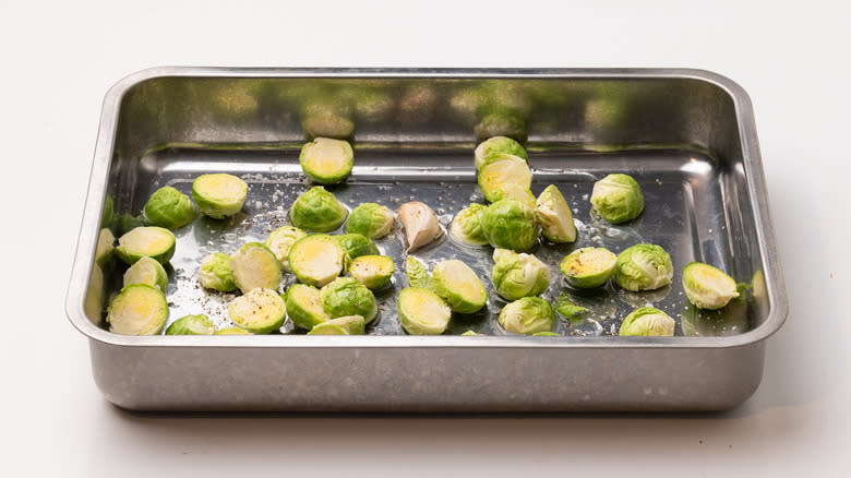 brussels sprouts in roasting pan