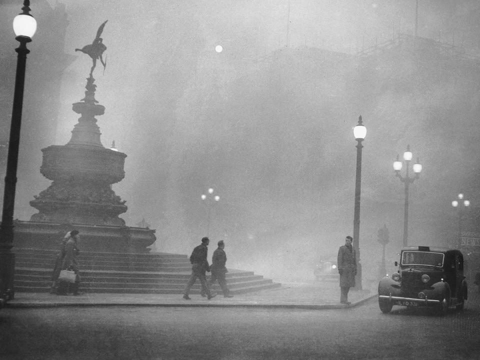 London’s Piccadilly Circus in 1952, where the only thing we had to worry about was occasional smog (Getty Images)