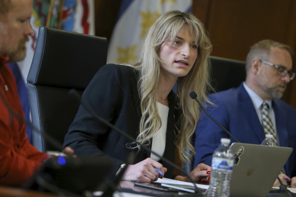 Transgender Mayoral candidate Rosemary Ketchum speaks during a City Council meeting On Friday, April 5, 2024, in Wheeling, W.Va. (AP Photo/Kathleen Batten)