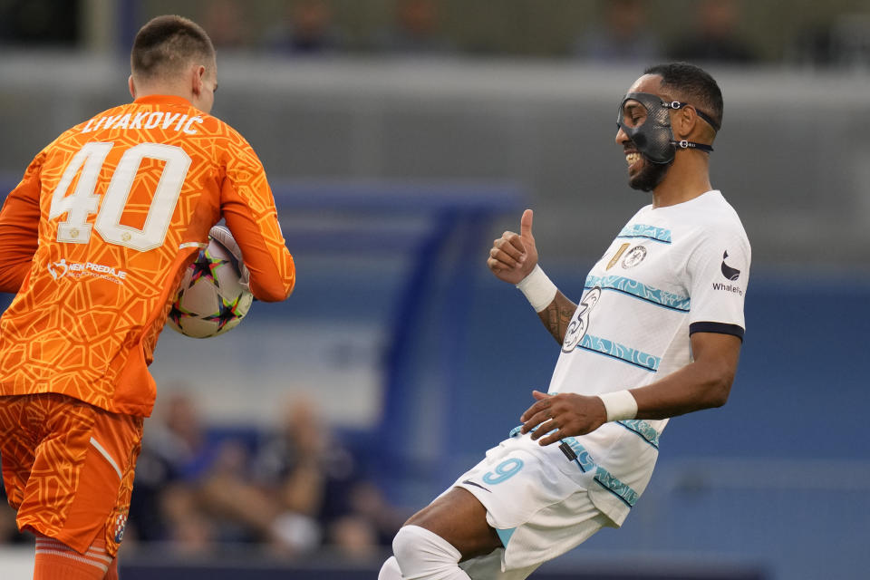 Chelsea's Pierre-Emerick Aubameyang grimaces during the Champions League group E soccer match between Dinamo Zagreb and Chelsea at the Maksimir stadium in Zagreb, Croatia, Tuesday, Sept. 6, 2022. (AP Photo/Darko Bandic)