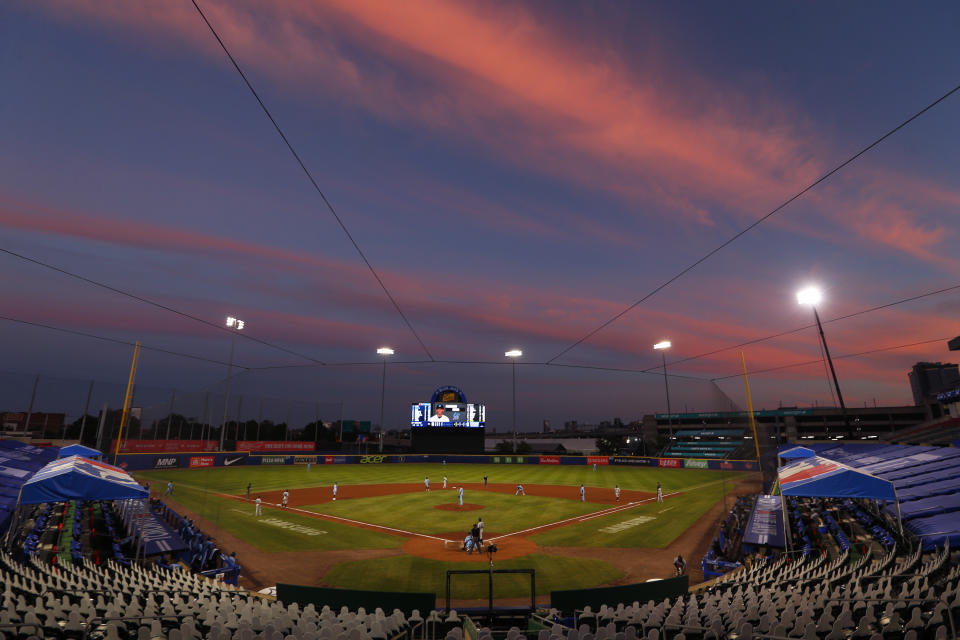 The Toronto Blue Jays play the Miami Marlins during the eighth inning of a baseball game, Wednesday, Aug. 12, 2020, in Buffalo, N.Y. (AP Photo/Jeffrey T. Barnes)