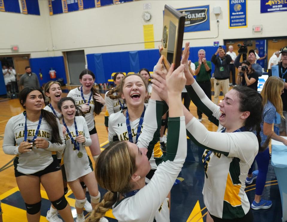 Lakeland's during their 3-1 win over Horace Greeley 3-1 in the Section 1-Class A volleyball finals at Mahopac High School in Mahopac on Saturday, November 5, 2022.