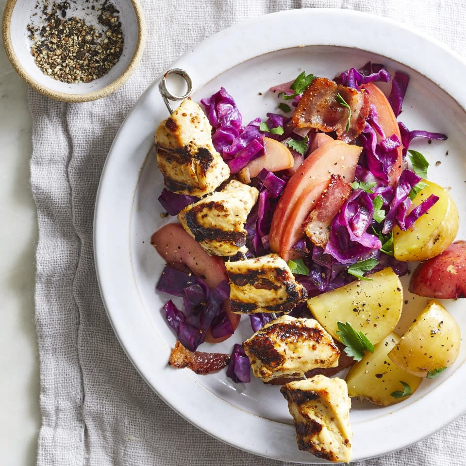 Chicken Kebabs with Warm Cabbage-Apple Slaw & Potatoes