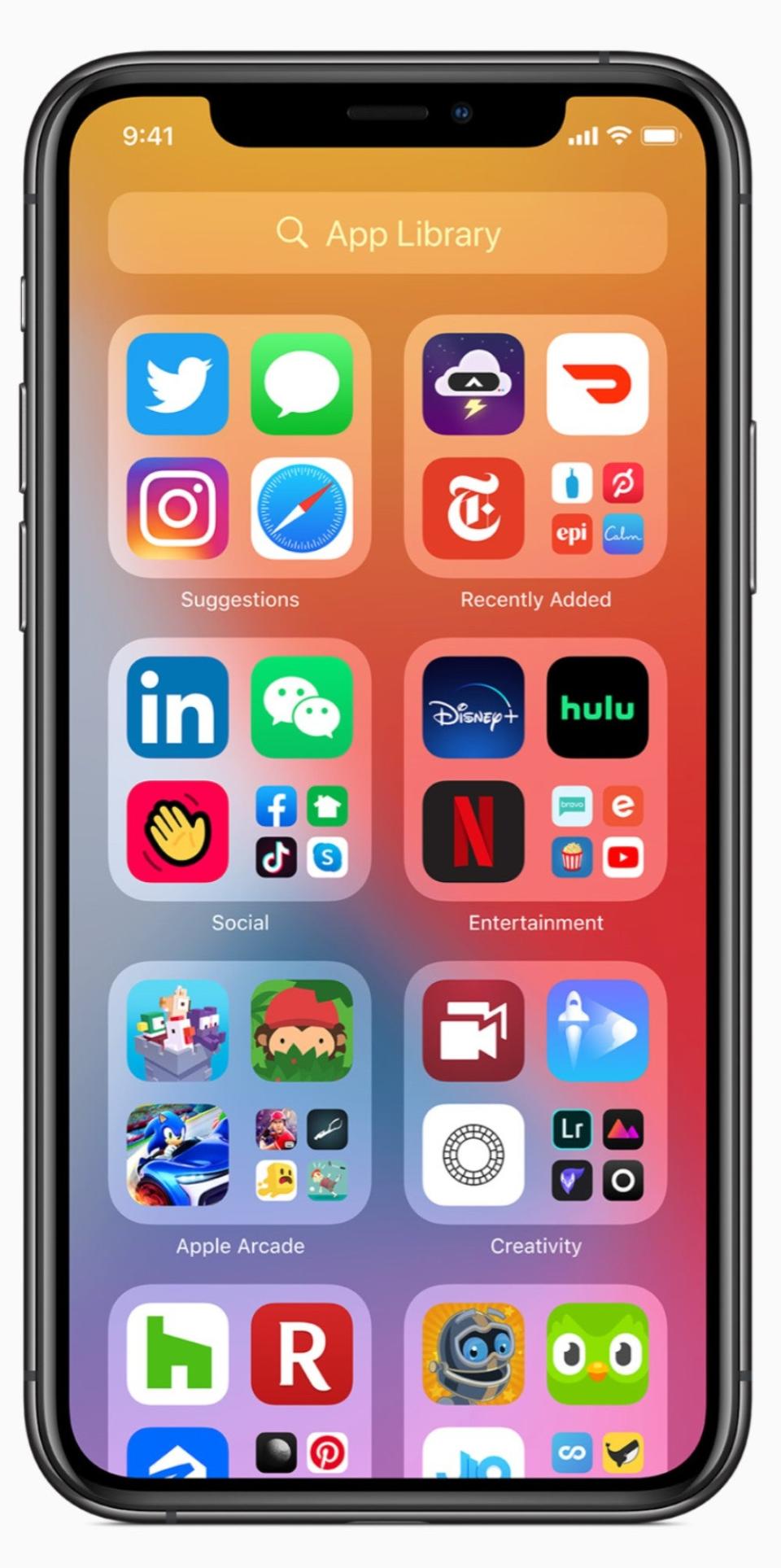 The new iOS 14 software features an App Gallery for the first time which will groups apps together automatically depending on their function (Apple)