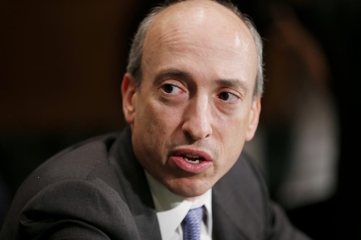 Commodity Futures Trading Commission (CFTC) Chairman Gary Gensler testifies on Capitol Hill in Washington, Tuesday, July 30, 2013, before the Senate Banking Committee as lawmakers examine how to mitigate systemic risk in financial markets through Wall Street reforms.   (AP Photo/J. Scott Applewhite)