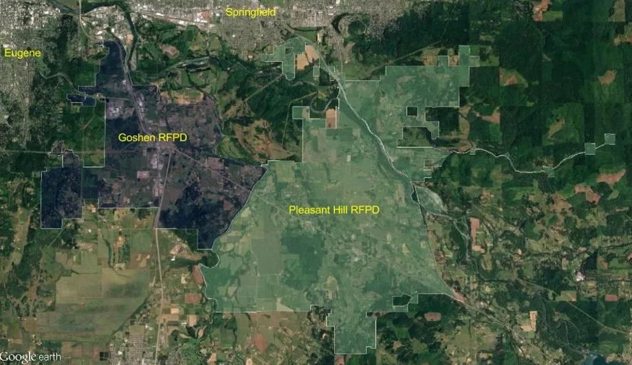 Overlays on a map show the areas covered by the Pleasant Hill and Goshen rural fire protection districts. Fire officials hope to put a proposal on the May ballot that would dissolve and reform the districts as one and add more properties.