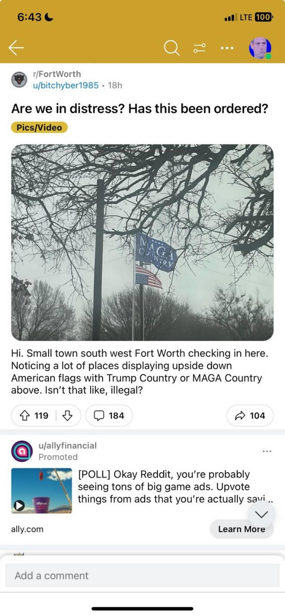 A post on Reddit shows an upside down flag in Texas.