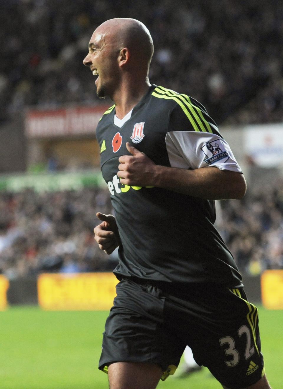 Stoke City's Stephen Ireland celebrates scoring a goal during their English Premier League soccer match against Swansea City, at the Liberty Stadium in Swansea, Wales, November 10, 2013.