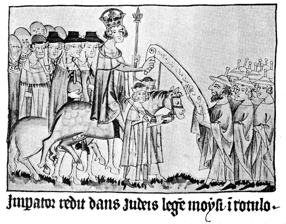Jews in pointed hats receive confirmation of their privileges from Holy Roman Emperor Henry VII, in the Codex Trevirensis from around 1340. <a href="https://www.gettyimages.com/detail/news-photo/henry-vii-receives-a-deputation-of-the-jews-after-the-news-photo/1277806635?phrase=italian%20jews&adppopup=true" rel="nofollow noopener" target="_blank" data-ylk="slk:Bildagentur-online/Universal Images Group via Getty Images;elm:context_link;itc:0;sec:content-canvas" class="link ">Bildagentur-online/Universal Images Group via Getty Images</a>