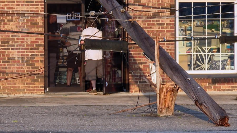 A power pole fell into this building in eastern Gaston County.