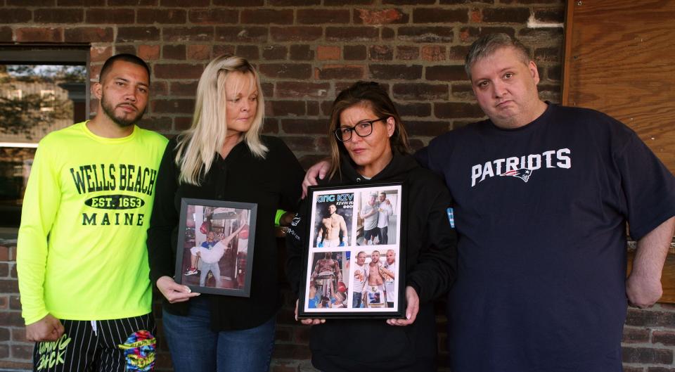 Friends and family of Greg Grantsis gather at Joe Angelo's in Brockton on Friday, Sept. 22, 2023. Grantsis was shot to death in Brockton on the night of Nov. 9, 2021. From left, Grantis's good friend, boxer Kevin Walsh of Brockton; Grantsis's mother, Deana Grantsis of West Bridgewater; Grantsis's sister, Anastasia Grantsis of Bridgewater; and Grantsis's brother, Nicholas Grantsis of West Bridgewater.