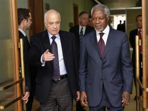 Picture released by the United Nations in Geneva shows UN-Arab League envoy Kofi Annan (R) meeting Arab League chief Nabil al-Arabi at the UN offices in Geneva. The UN Security Council on demanded that Syria "immediately" implement a peace plan proposed by envoy Annan and gave a veiled warning of international action