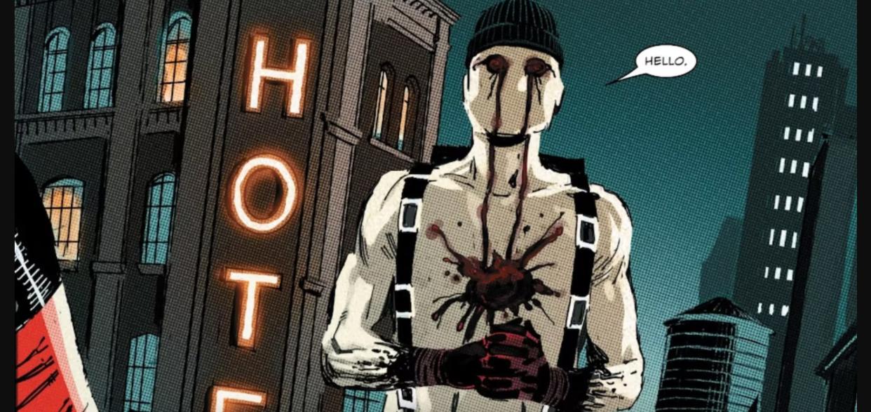 An illustration of a topless pale man wearing a black hat with blood dripping from his eyes down to his chest, standing on a rooftop with a neon sign that says "Hotel" behind him.