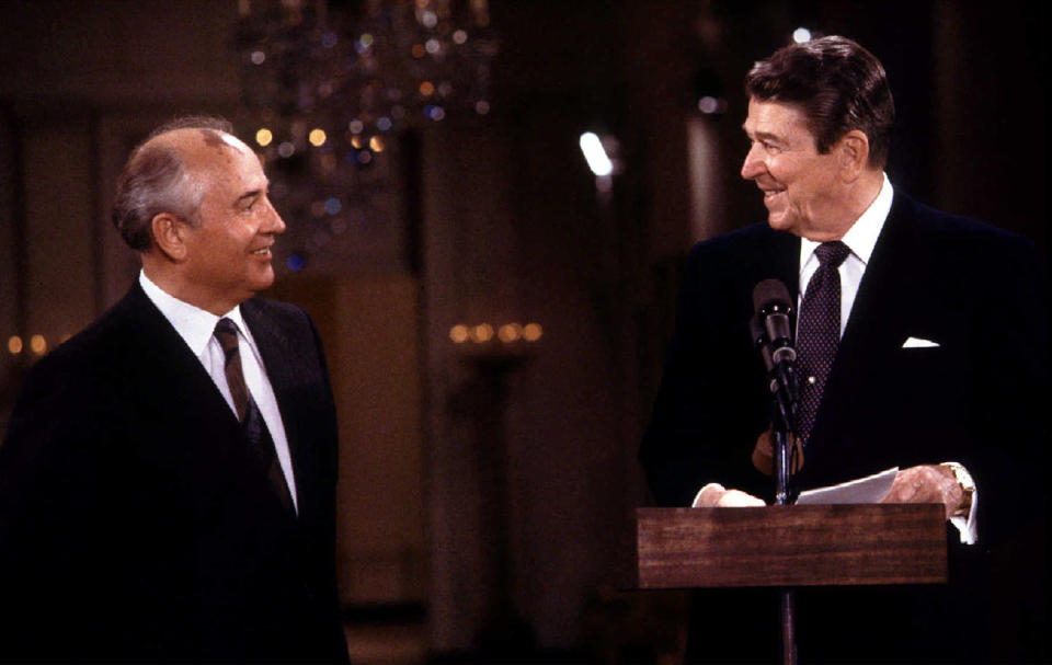 <em>The move comes after Donald Trump announced that the US plans to withdraw from the Intermediate-Range Nuclear Forces (INF) Treaty signed by Ronald Reagan and Mikhail Gorbachev (pictured above) in 1987 (Picture: PA)</em>