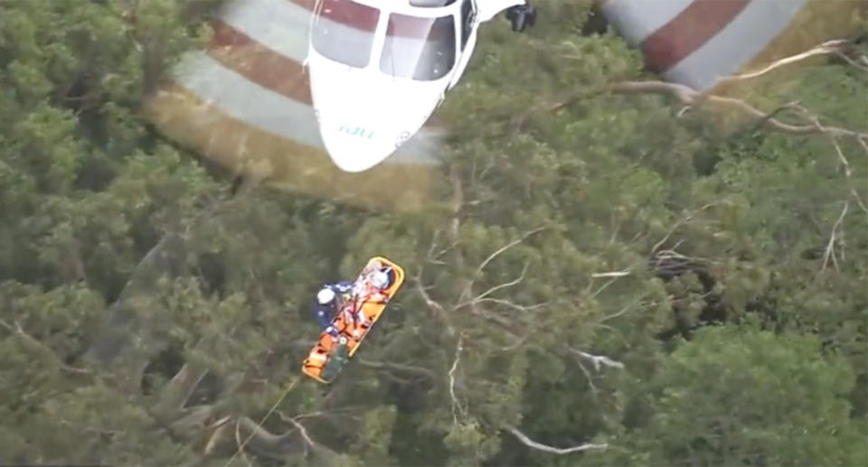 Rescue workers at Wentworth Falls during a rescue mission following the Blue Mountains landslide.