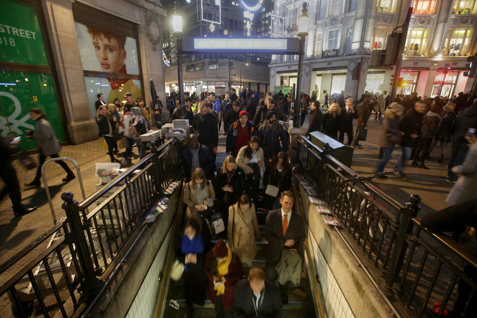 <p>Commuters descend the stairs to catch the tube at Oxford Circus Station in central London on Nov. 24, 2017, following an incident. (Photo: Daniel Leal-Olivas/AFP/Getty Images) </p>