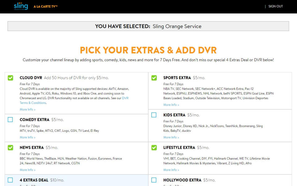 Picking extras in a Sling TV free trial