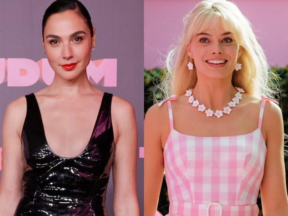 gal gadot on a red carpet for a netflix premiere and margot robbie playing barbie