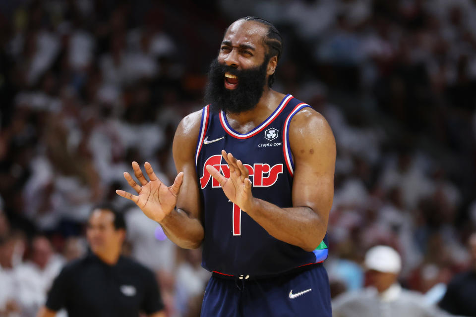 MIAMI, FLORIDA - MAY 02: James Harden #1 of the Philadelphia 76ers reacts against the Miami Heat during the first half in Game One of the Eastern Conference Semifinals at FTX Arena on May 02, 2022 in Miami, Florida. NOTE TO USER: User expressly acknowledges and agrees that, by downloading and or using this photograph, User is consenting to the terms and conditions of the Getty Images License Agreement. (Photo by Michael Reaves/Getty Images)