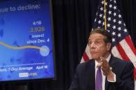 Gov. Andrew Cuomo speaks during a news conference in New York on Monday, April 19, 2021. New York’s comptroller has asked the state attorney general’s office to launch a criminal investigation into whether the governor used state resources to write and promote his book on leadership in the COVID-19 pandemic. (Shannon Stapleton/Pool via AP)