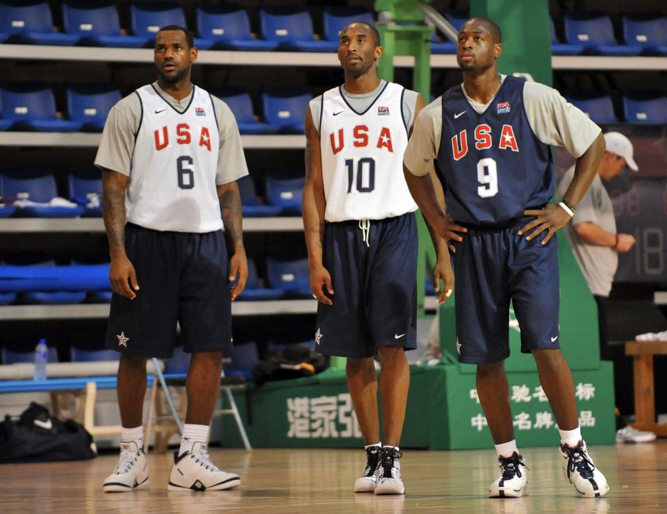 LeBron James #6, Kobe Bryant #10 and Dwyane Wade #9 of U.S. Men's Senior National Team practices during the 2008 Beijing Summer Olympics on August 19, 2008 at the USOC training facility in Beijing, China.