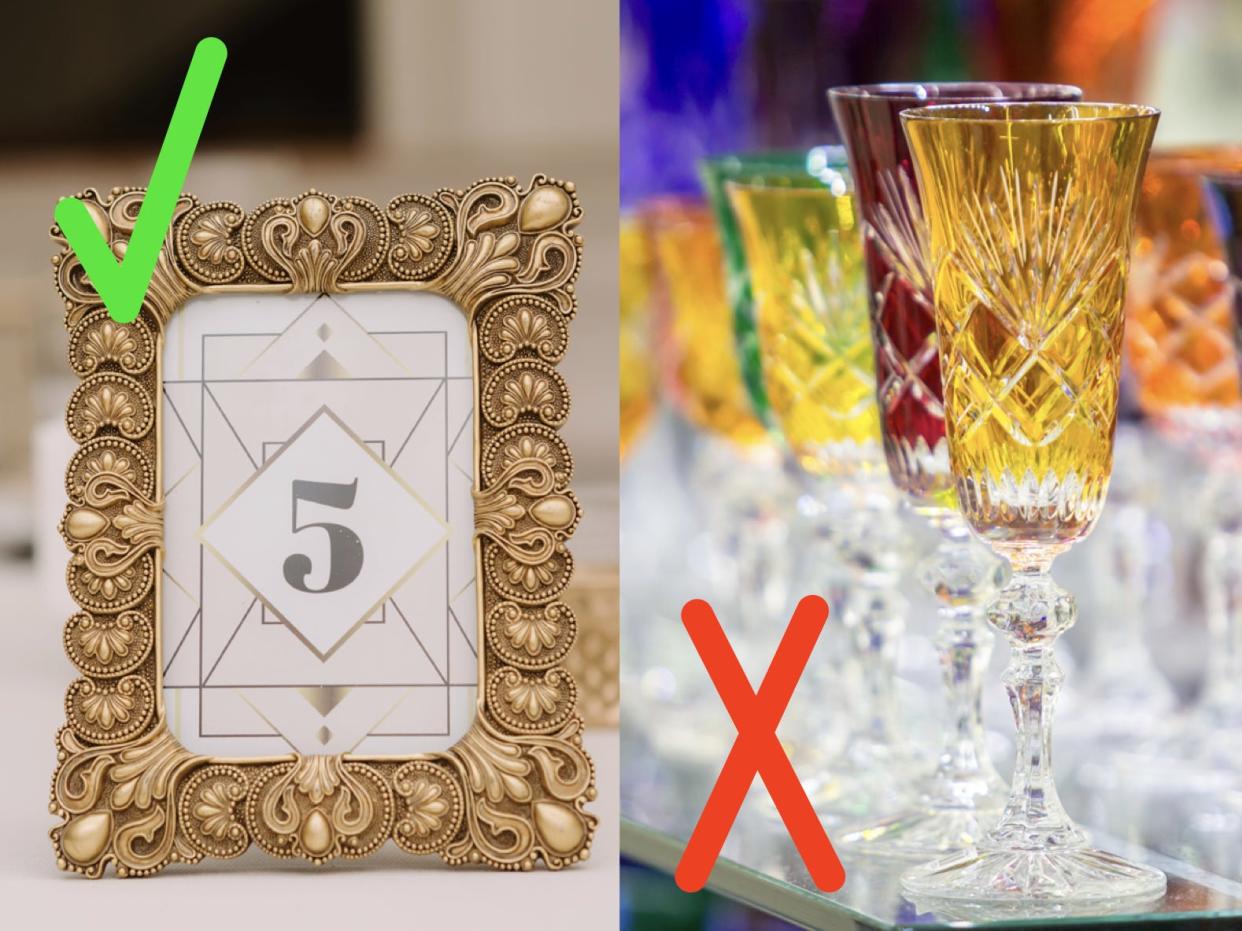 Gold frame table placement with number 5 piece of paper inside with green checkmark and red, blue, green, and yellow crystal champagne flutes with red X