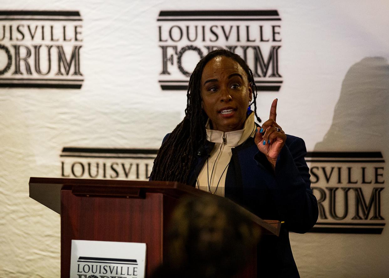 State Rep. Attica Scott spoke at the Louisville Forum's Democratic Primary debate at Vincenzo's on Wednesday afternoon. Scott and State Sen. Morgan McGarvey are vying for the Democratic nomination for Congress in Kentucky's 3rd District. May 11, 2022