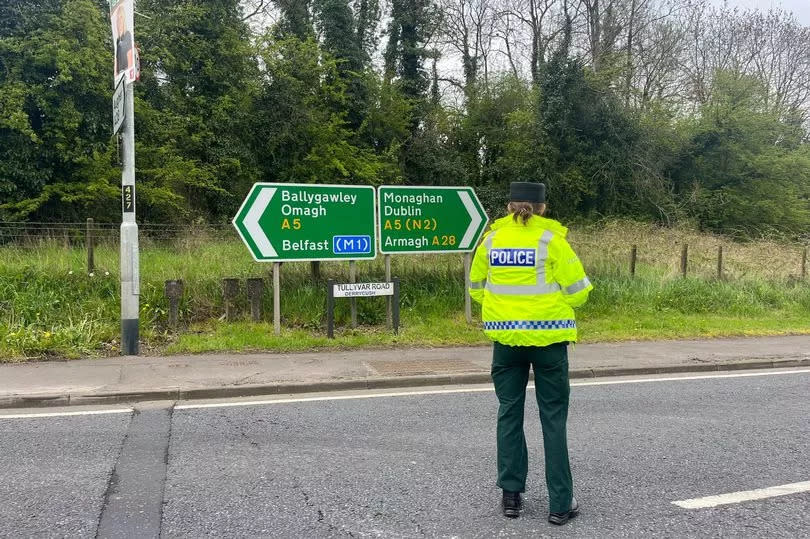 A police cordon on the A5 outside Aughnacloy, Co Tyrone