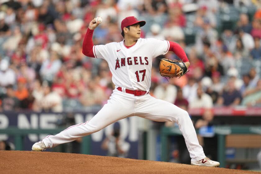 Los Angeles Angels starting pitcher Shohei Ohtani (17) throws during the first inning of a baseball game against the San Francisco Giants in Anaheim, Calif., Wednesday, Aug. 9, 2023. (AP Photo/Ashley Landis)