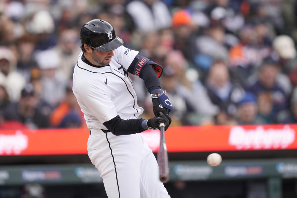 Detroit Tigers' Matt Vierling connects for a solo home run during the fourth inning of a baseball game against the Oakland Athletics, Friday, April 5, 2024, in Detroit. (AP Photo/Carlos Osorio)