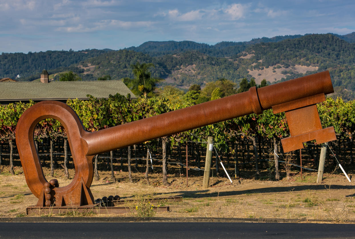 A large metal sculpture in the shape of a key adorns a vineyard on Oak Knoll Road as viewed on October 15, 2015, in Rutherford, California. (Photo by George Rose/Getty Images)