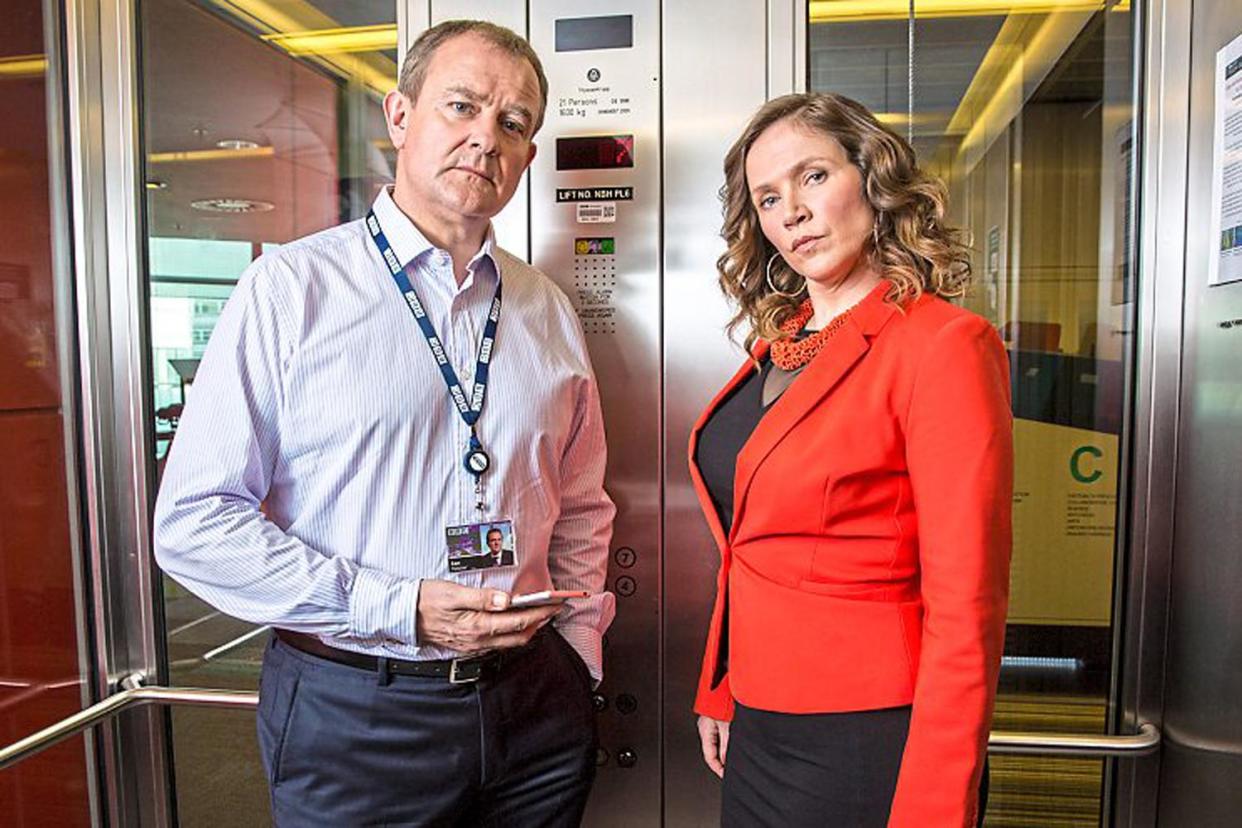 The joke's on me: Hugh Bonneville stars with Jessica Hynes in W1A, the BBC's self-satirising mockumentary, as the organisation's parodically named Head of Values: BBC Pictures