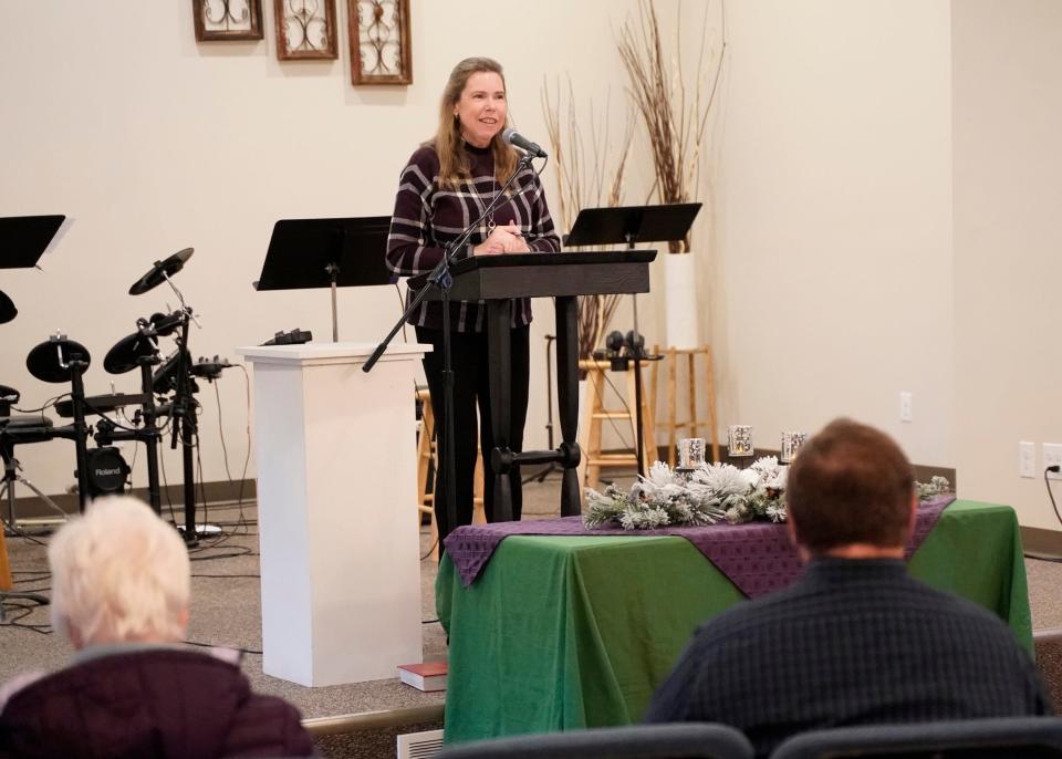 Julie Moore, interim director of Right to Life of Lenawee County, welcomes a crowd Monday afternoon to Maple Avenue Bible Church in Adrian for Right to Life's annual Hope Service and March for Life.