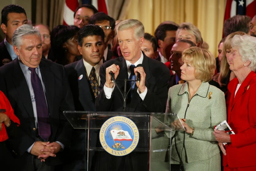 Gina Ferazzi –– – Governor Gray Davis addresses supporters Tuesday night at the Biltmore Hotel in Los Angeles where he conceded the recall election shortly before 10pm.