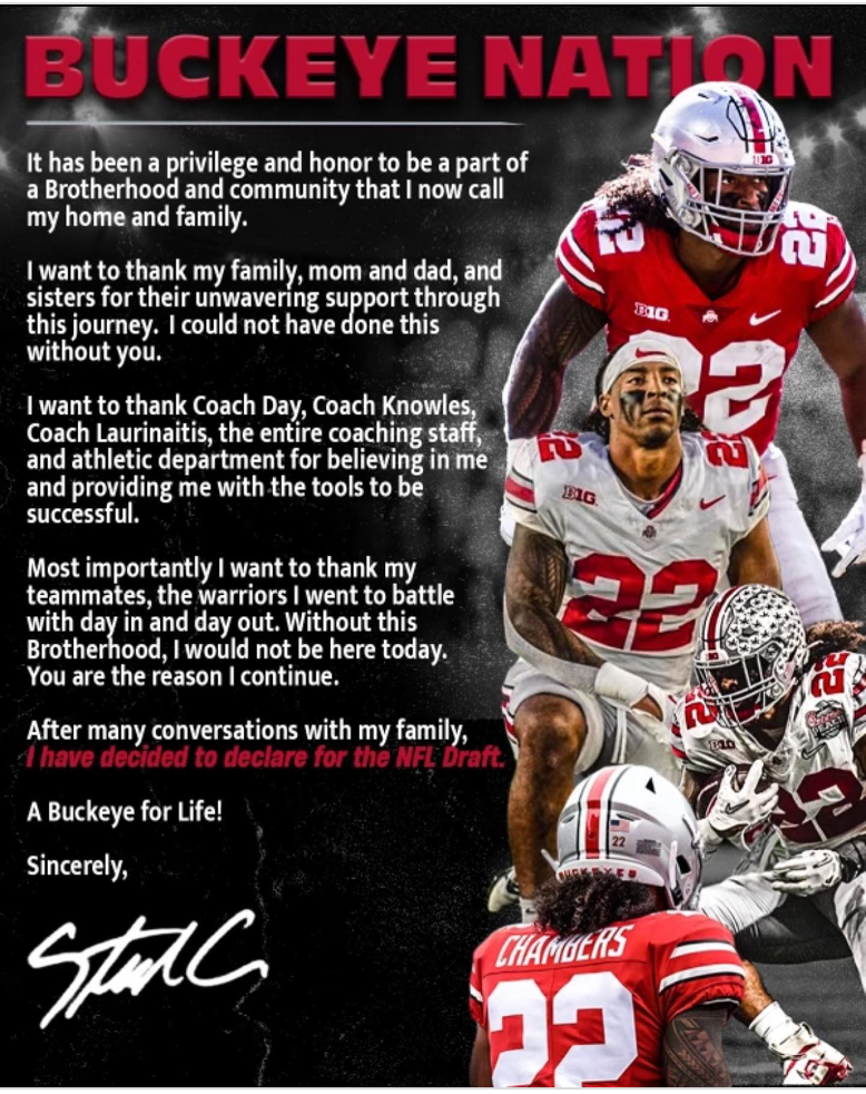 Ohio State linebacker Steele Chambers announced he would enter the 2024 NFL draft.